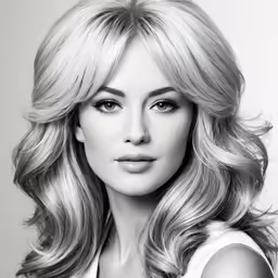 a woman with long blonde hair and black and white background