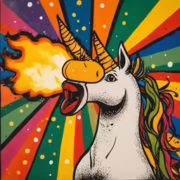a painting of a unicorn with his mouth open