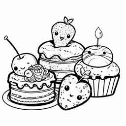 birthday cake, strawberry and cupcakes coloring pages