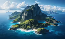 an island in the middle of an ocean surrounded by smaller islands