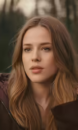 the woman has long brown hair, and she looks away from the camera