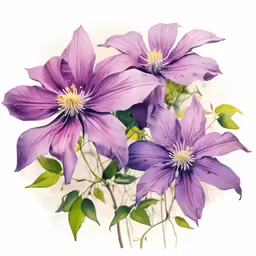 three large purple flowers that are purple and green