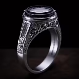 the front of a ring with a black and white center