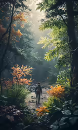 person walking in the middle of a jungle