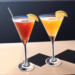 two martinis sitting on top of a white table