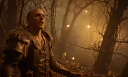 a man in a leather and fur outfit is standing in a forest