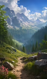 a rocky mountain trail leading through a valley