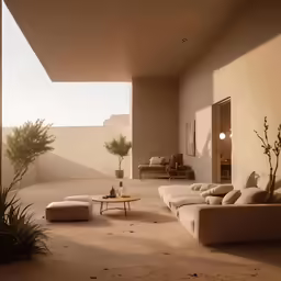an open living room with beige furniture and plants