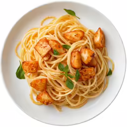 a white bowl with some noodles and shrimp on it