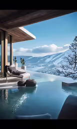 the interior of a large, modern home overlooking a mountain