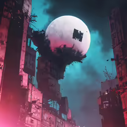 a large monster like creature flying in a city under a full moon