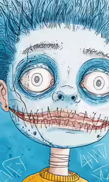 a drawing of an evil looking face with some hair on it