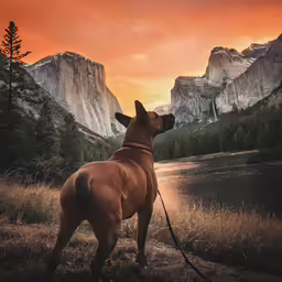 the dog is looking to the mountains at dusk
