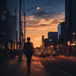 a man walking down the sidewalk in the city