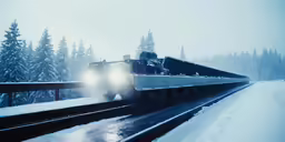 the train drives on the track in heavy snow