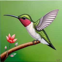 a humming bird perched on a branch with a pink flower,an image of a painting of a hummingbird,a painting of a hummingbird on a green background,a hummingbird sitting on a tree branch painting,a painting of a humming bird perched on a branch