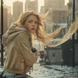 a woman riding a horse in the rain in front of an urban setting