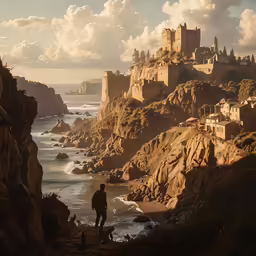 a man stands alone on a rocky shoreline