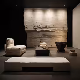 the stone display includes several types of sculptures
