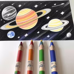 an image of a painting of the planets,three pencils on the bottom and a drawing of saturn on top of a paper,crayons are arranged and in a line on a sheet of paper,colored pencils sit in front of a drawing of saturn,three colored pencils on a desk with a drawing in the middle