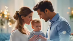 a man holding a baby next to another woman