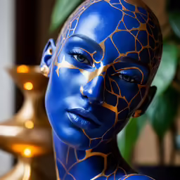 a close up of a person wearing blue and gold