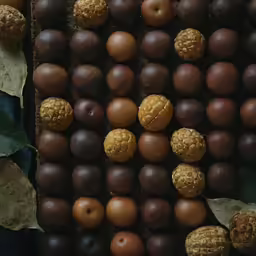several fruits displayed together with leaves and nuts