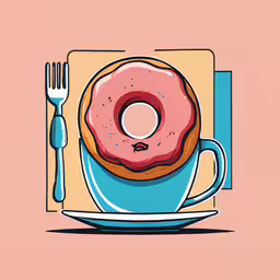 a piece of donut is on a saucer next to a fork and a knife,a pink donut sitting on a blue cup on a plate next to a fork