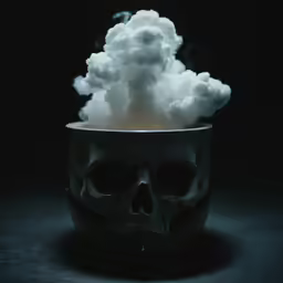a dark table with a bowl with some smoke in it