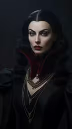the woman in black dress is wearing a collar with chains,a digital painting of a woman dressed in a costume