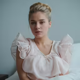 a beautiful woman in a pink top sitting on a bed