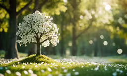 small tree with white flowers in the middle of grassy area