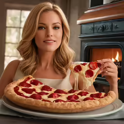 a woman holding up a slice of pizza in front of the fireplace