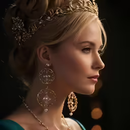 a woman wearing a tiara with earrings on her head