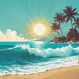 a woman on a beach walking towards the ocean with palm trees