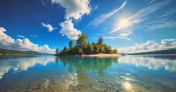 an island sitting on top of a beach with a lake and a few trees