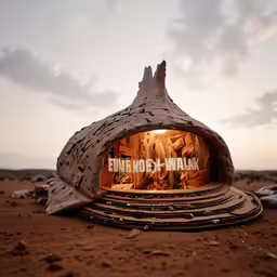 a strange thing in the desert with an advertisement for a special exhibition