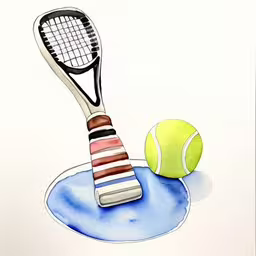 the tennis racket is resting on the water,there is a tennis ball and racket on the water,a watercolor painting of a tennis racket and ball,a watercolor sketch of a tennis ball and racket,an artistic piece of art depicting a tennis ball and racket