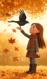 a young girl holding a bird next to autumn leaves