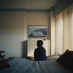 a woman sitting on a bed next to a window