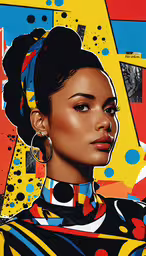 a painting of a woman with big hoops,the face and collar of a black woman with red, blue and yellow circles