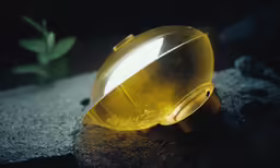 a yellow object with a black handle sits on a rock
