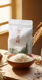 a small bowl of rice on a table next to wheat