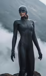 an adult female in a full body suit posing on top of a mountain