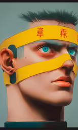 a man with yellow tape wrapped around his head and ear