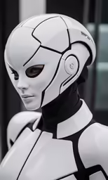 the robot man is wearing black and white colors