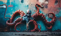a dead octopus statue stands next to a wall with an ugly skull mask