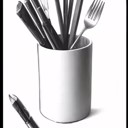 a cup is holding a few forks and knives