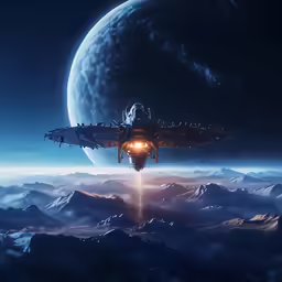 spaceship flying high in the sky with a red light