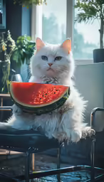a white cat sits on a chair with a large watermelon slice